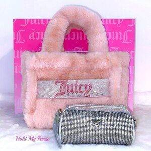 Juicy Couture Bag Faux Fur Plush Purse Pink Mini Tote Bag & Coin Purse Gift Set